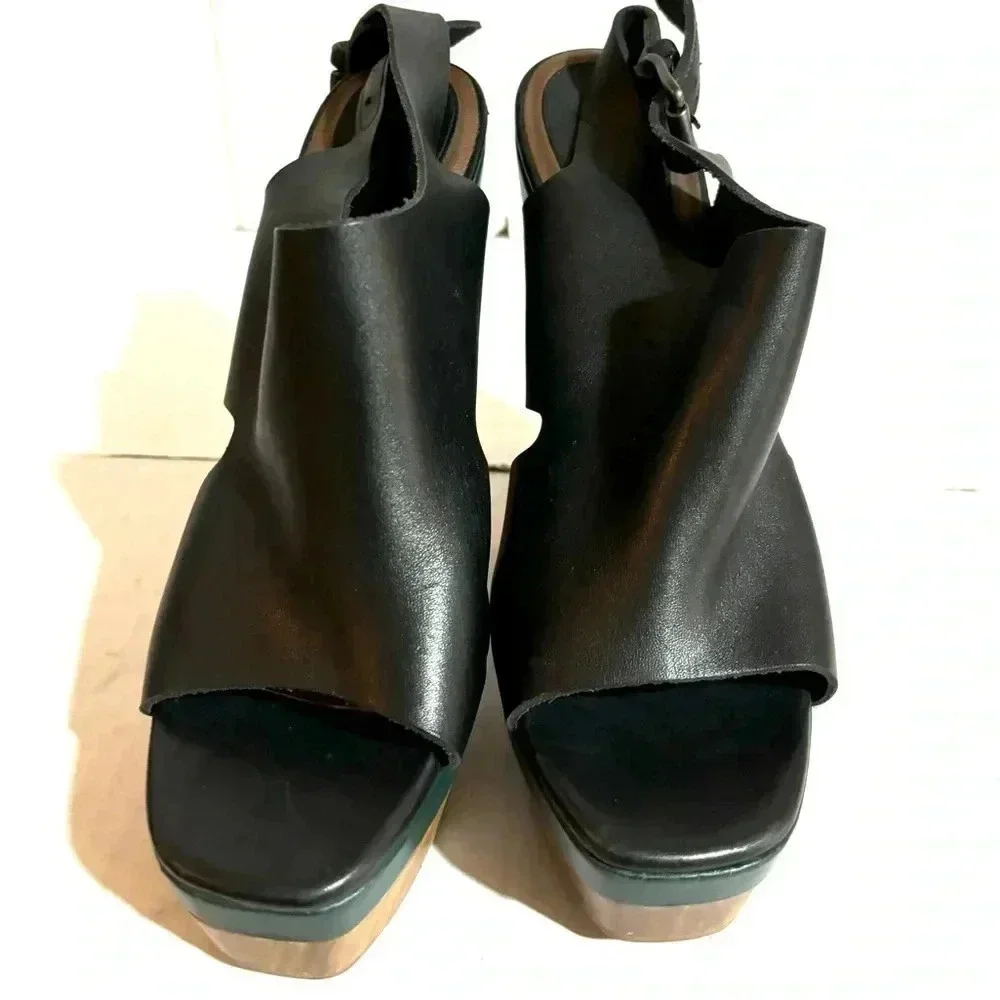 Marni + H&M black green wood leather chunky heel’s platform sandals